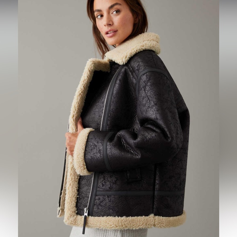 AE Oversized Vegan Shearling Moto Jacket Black Medium NWT - Picture 4 of 11